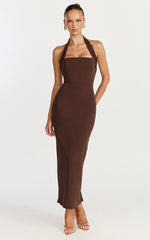 Salome Midi Dress - Halter Neck Column Dress in Chocolate