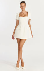 Nakita Mini Dress - Short Sleeve Pearl Trim Square Neck Tulip Dress in White