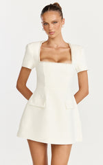 Nakita Mini Dress - Short Sleeve Pearl Trim Square Neck Tulip Dress in White