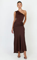 Astrid Midi Dress - One Shoulder Contrast Satin Dress in Chocolate