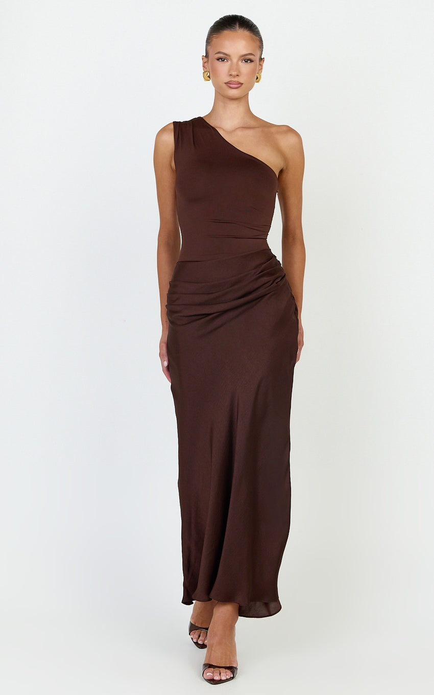 Astrid Midi Dress - One Shoulder Contrast Satin Dress in Chocolate