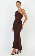 Astrid Midi Dress - One Shoulder Contrast Satin Dress in Chocolate