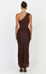 Astrid Midi Dress - One Shoulder Contrast Satin Dress in Chocolate