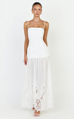 Everly Maxi Dress - Straight Neck Broderie Cut Out Hem Dress in White