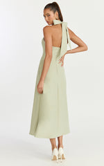Karissa Midi Dress - Halter Neck Fitted Bodice Midi Soft A Line Skirt Dress in Pistachio