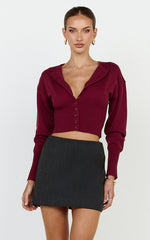 Ramsey Cardigan - Recycled Contoured Waist Button Down Cardigan in Wine