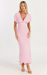 Desiree Midi Dress - V Neck Flutter Short Sleeve Slip Dress in Pink