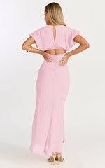 Desiree Midi Dress - V Neck Flutter Short Sleeve Slip Dress in Pink