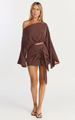 Elly Two Piece Top and Skirt Set - Asymmetric Neck Elastic Hem Top and Tie Front Wrap Mini Skirt Set in Chocolate