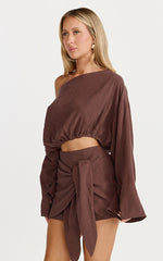 Elly Two Piece Top and Skirt Set - Asymmetric Neck Elastic Hem Top and Tie Front Wrap Mini Skirt Set in Chocolate