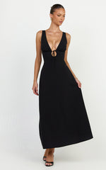 Silvena Midi Dress - Plunge Neckline Tie Front A Line Dress in Black