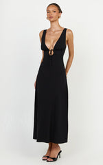 Silvena Midi Dress - Plunge Neckline Tie Front A Line Dress in Black