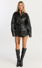 Orielle Jacket - Faux Leather Belted Funnel Neck Jacket in Black