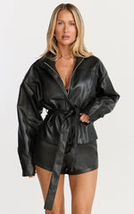 Orielle Jacket - Faux Leather Belted Funnel Neck Jacket in Black
