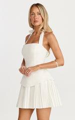 Calla Mini Dress - Halter Neck Peplum Pleated Skirt Dress in Off White