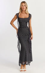 Rosha Midi Dress - Ruffle Strap Dress in Black Polkadot