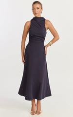 Macy Midi Dress - High Neck A Line Dress in Navy