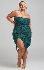 Lace To Lace Midi Dress - Strapless Bodycon Dress in Emerald Lace