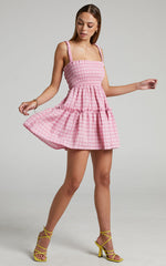 Wilda Mini Dress - Shirred Tiered Dress in Pink Check