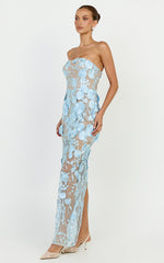Sienna Maxi Dress - 3D Floral Strapless Column Dress in Blue