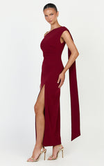 Cosette Midi Dress - Asymmetric Neckline Draped Shoulder Sash Dress in Wine