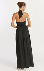 Coraline Maxi Dress - Plunge Neckline Double Waist Sash Halter Dress in Black