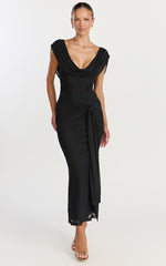 Zena Midi Dress - Cowl Neck Tie Detail Dress in Black