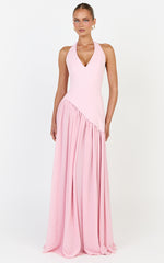 Calla Maxi Dress - Halter Neck Asymmetric Dropped Waist Dress in Pink