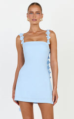 Clementine Mini Dress -  3D Floral Strap Dress in Blue