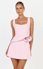 Vivienne Mini Dress - Square Neck Rosette Peplum Dress in Pink