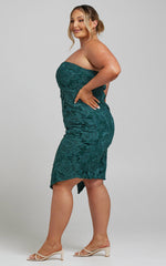 Lace To Lace Midi Dress - Strapless Bodycon Dress in Emerald Lace