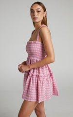 Wilda Mini Dress - Shirred Tiered Dress in Pink Check