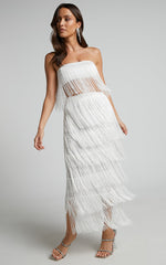 Amalee Two Piece Set - Fringe Strapless Crop Top and Midi Skirt Set in White