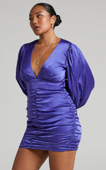 Nicole Mini Dress - Plunge Neck Ruched Dress in Steel Blue