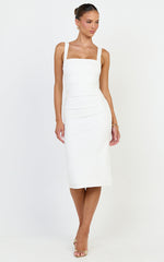 Tiffy Midi Dress - Square Neck Ruched Bodycon Dress in White