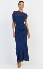 Nicolette Maxi Dress - Cape Sleeve Off Shoulder Dress in Navy