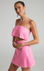 Elswyth Top - Strappy Sequin Crop Cami Top in Pink