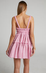 Wilda Mini Dress - Shirred Tiered Dress in Pink Check