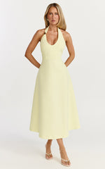 Leilani Midi Dress - Plunge Neck Hardware Fit and Flare Dress in Lemon