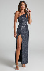 Rehyn Midi Dress - One Shoulder Asymmetric Cut Out Sequin Dress in Black
