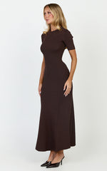 Lanie Midi Dress - Knitted Crew Neck Short Sleeve Dress in Chocolate