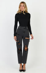 Billie Jeans - High Waisted Cotton Distressed Mom Denim Jeans in Black Wash