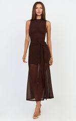 Jaimae Midi Dress - High Neck Side Knot Detail Mesh Dress in Chocolate