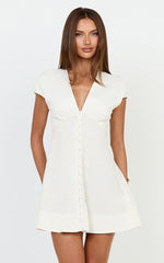 Tallulah Mini Dress - Linen V Neck A Line Dress in White