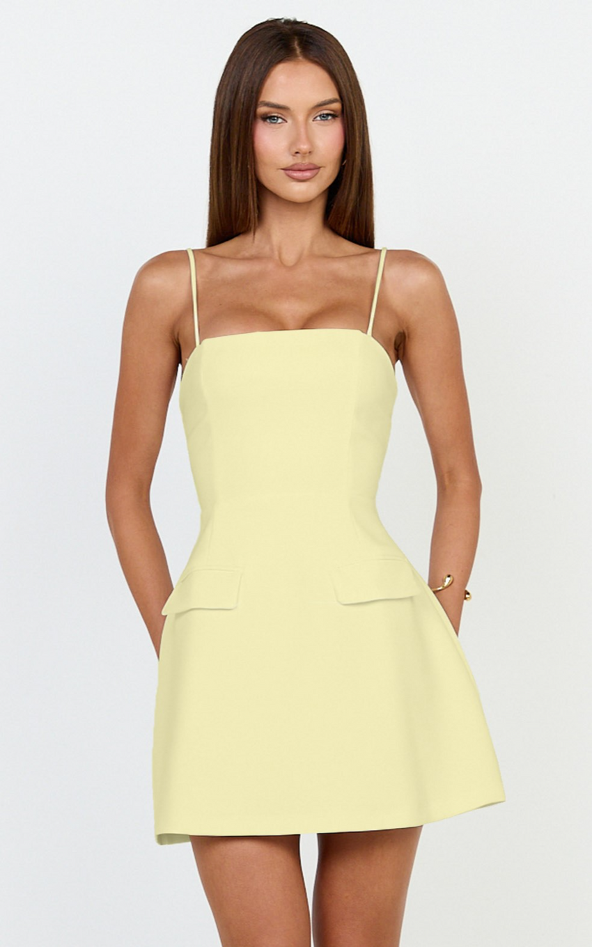 Katia Mini Dress - Strappy Corset A Line Dress in Lemon