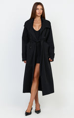 Isla Coat - Funnel Neck Double Breasted Longline Trench Coat in Black
