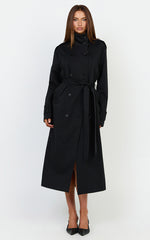 Isla Coat - Funnel Neck Double Breasted Longline Trench Coat in Black