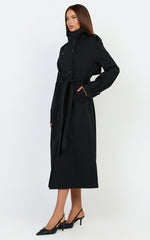 Isla Coat - Funnel Neck Double Breasted Longline Trench Coat in Black