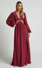 Paige Maxi Dress - Side Cut Out Balloon Sleeve Dress in Mulberry