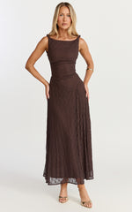 Abby Midi Dress - High Neck Asym Detail Dress in Chocolate